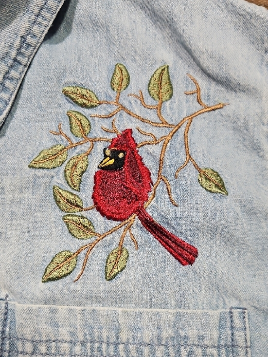 Vintage Light Wash Denim Button-Down Shirt with Cardinal Embroidery, Size Large - Picture 4 of 13